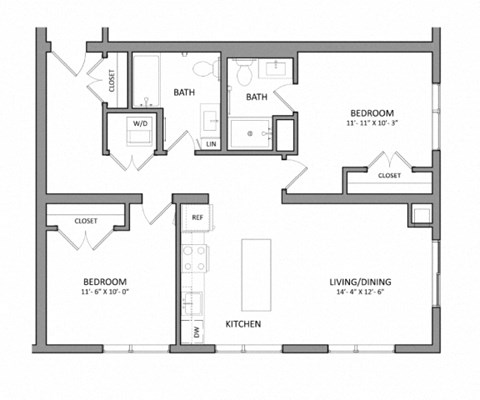 Floor plan for 2 beds, 2 baths, 895 sqft